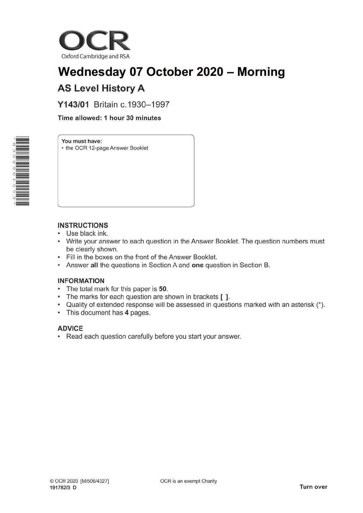 Recommended document preview for History A Y143/01: Britain 1930-1997 Advanced Subsidiary GCE QUESTION PAPER for November 2020